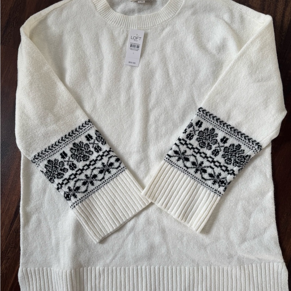 LOFT NWT White Tunic Sweater with Fair Isle Pattern Sleeves